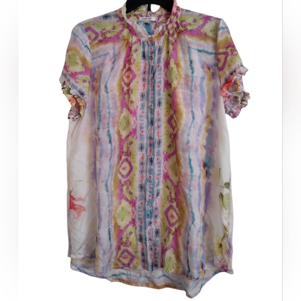 Johnny Was 100% silk multicolor multi pattern floral button up top size Medium